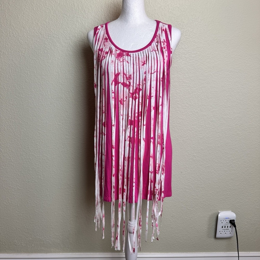 DG2 Diane Gilman Fringe‎ Tank Top M Pink Tie Dye Layered Shredded Festival Tunic